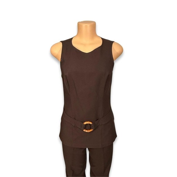 A-List Women's Brown Sleeveless Top with Belt and Matching Dress Pants Set - Picture 2 of 5